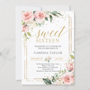 Boho rosa ros guld glitter grönt söt 16 inbjudningar