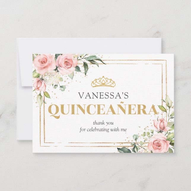 Boho  rosa ros guld tiara 15:e födelsedagen tack kort (Framsida)