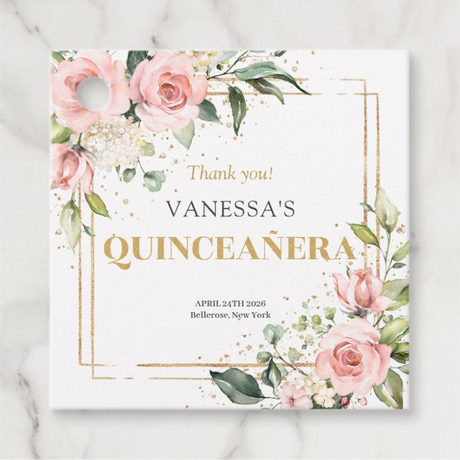 Boho  rosa ros guld tiara sage Quinceañera Gåvor Etiketter (Framsida)