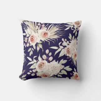 Boho Rosa ros på marinblått Kudde