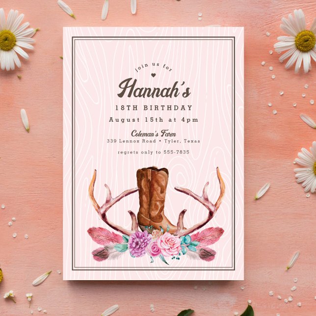 Boho Rosa Rustic Cowgirl Boot Birthday Inbjudningar (Skapare uppladdad)