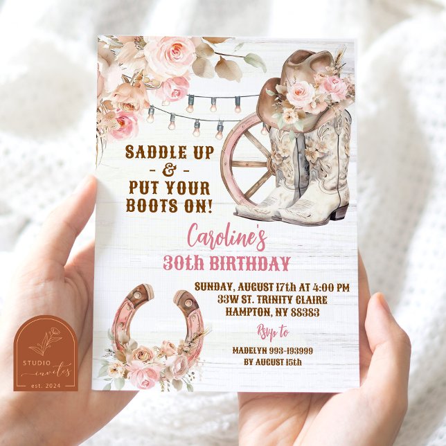 Boho Rosa Rustic Western Cowgirl Birthday Inbjudningar (Skapare uppladdad)