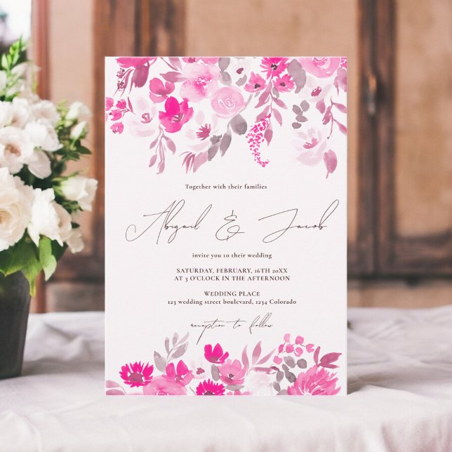 Boho rosa, rustik handmålad blommigt bröllop inbjudningar (Boho pink rustic hand painted floral wedding invitation)