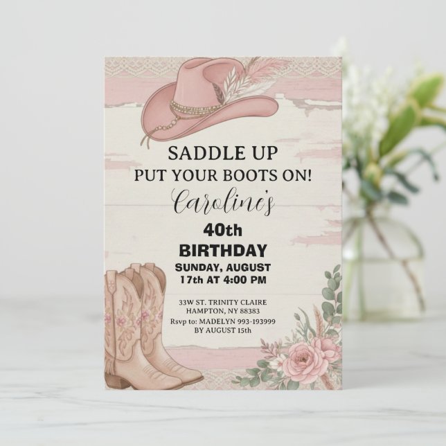 Boho Rosa Rustik Western Cowgirl Födelsedag Inbjudningar (Stående Fram)