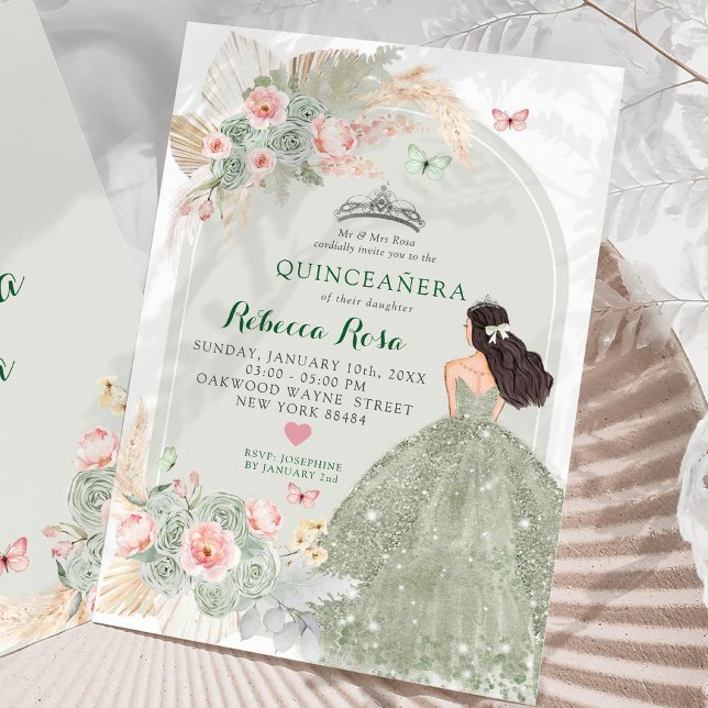Boho  Rosa Sage Grönt Princesa Quinceañera Inbjudningar (Skapare uppladdad)