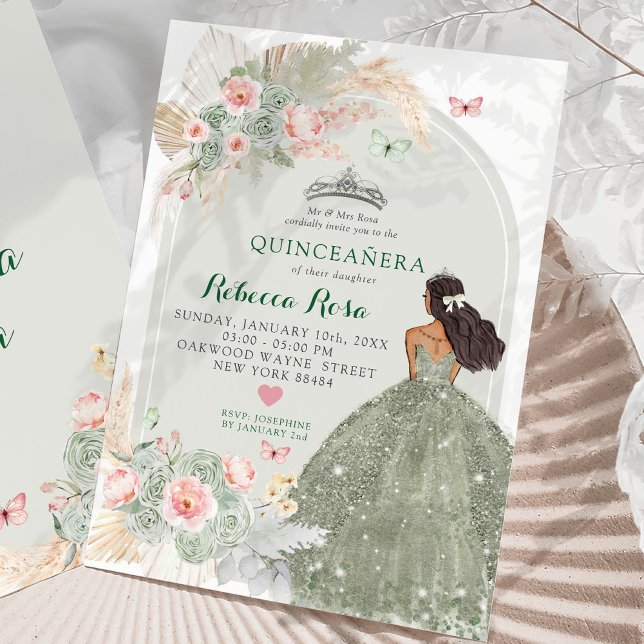 Boho  Rosa Sage Grönt Princesa Quinceañera Inbjudningar (Skapare uppladdad)