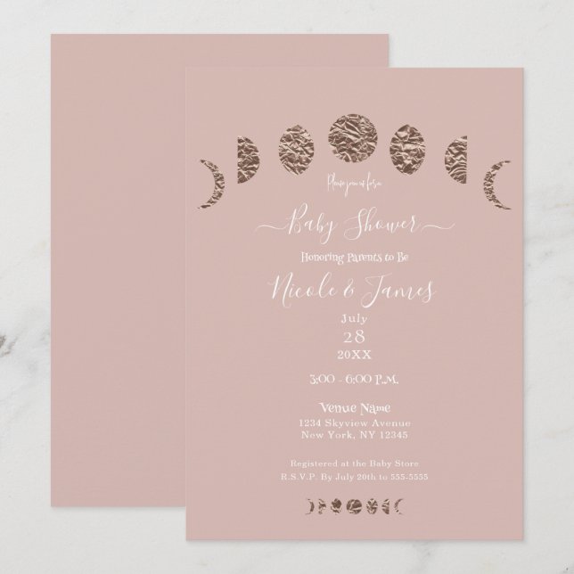 Boho Rosa Shine Måne Phases Modern Baby Shower Inbjudningar (Fram/baksida)