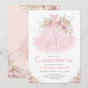 Boho Rosa Silver Quinceañera Party Boll Gown Inbjudningar