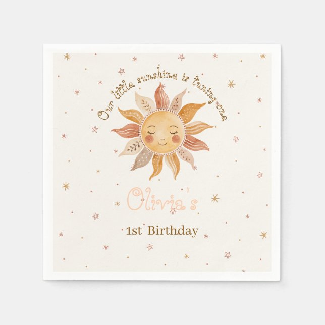 Boho Rosa Sol Flicka 1-årsdag Pappersservett (Framsidan)