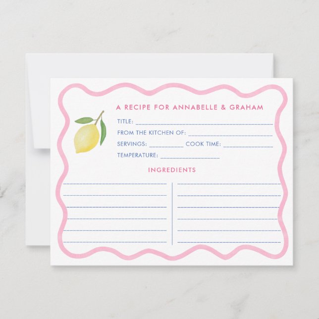 Boho Rosa Squiggle Lemon Möhippa Recipe Card Inbjudningar (Framsida)