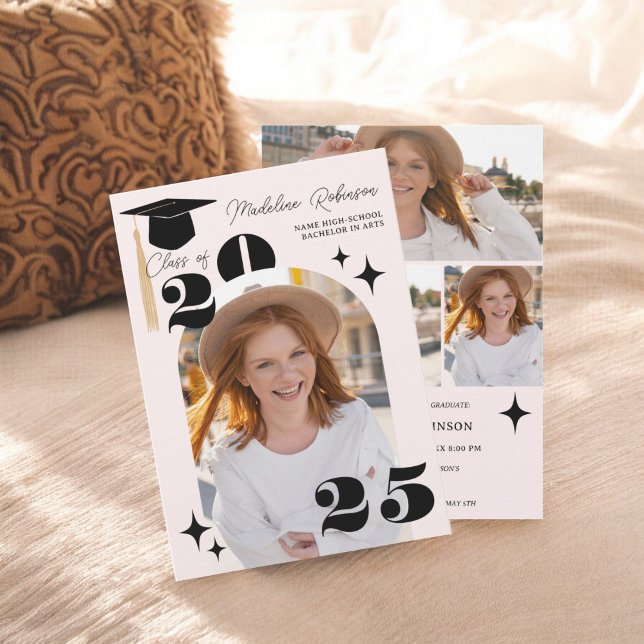 Boho Rosa Stars Modern 4-foto Studenten Inbjudningar (Boho Pink Stars Modern 4-Photo Graduation Invitation)