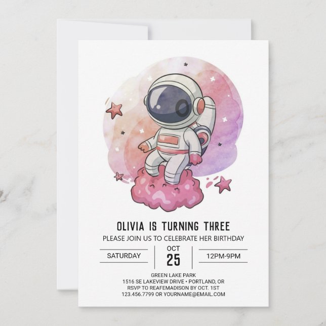 Boho Rosa Stollig Astronaut Birthday Inbjudningar (Framsida)