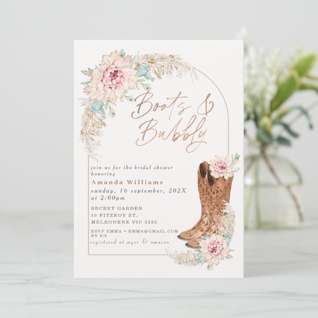 Boho Rosa Stövlar och Glatt Bröllopsfest Inbjudningar (Stående Fram)