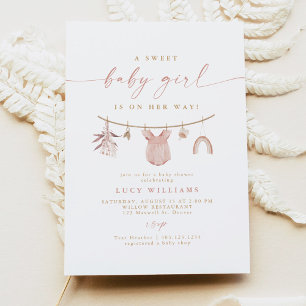 Boho Rosa Sweet Flicka Clothesline Baby Shower Inbjudningar