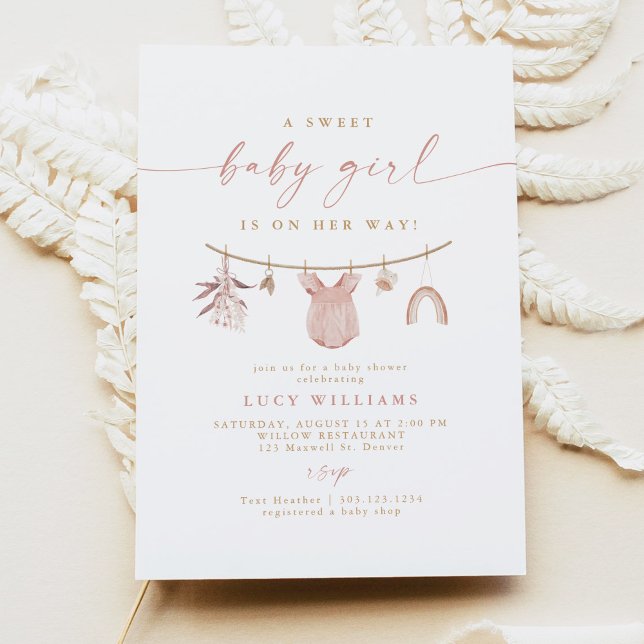 Boho Rosa Sweet Flicka Clothesline Baby Shower Inbjudningar (Skapare uppladdad)