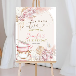 Boho  Rosa Tea for Two Birthday Välkomstskylt Poster
