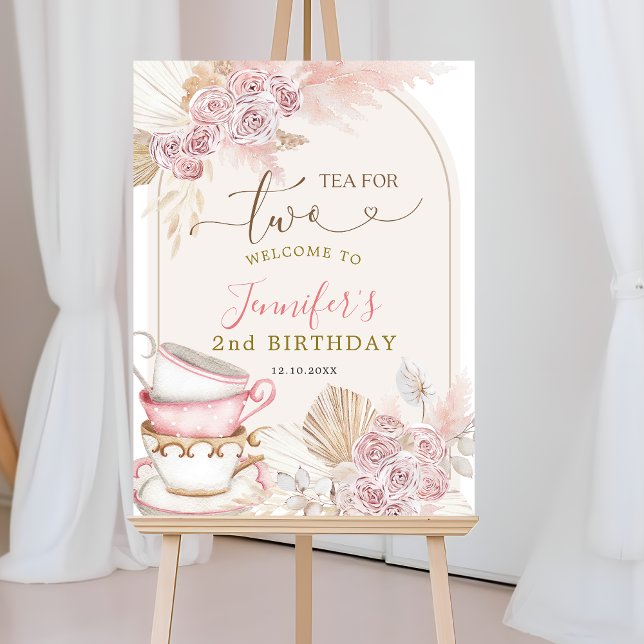 Boho  Rosa Tea for Two Birthday Välkomstskylt Poster (Skapare uppladdad)