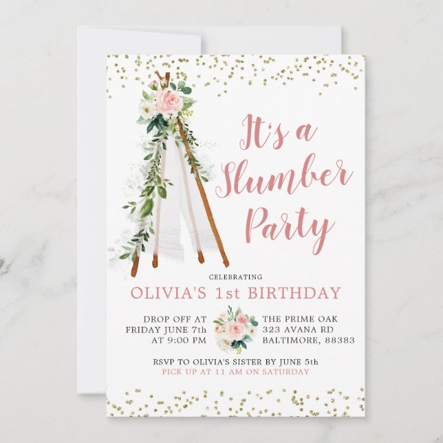Boho Rosa Teepee Slumber Party Birthday bjudande Inbjudningar (Framsida)