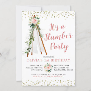 Boho Rosa Teepee Slumber Party Birthday bjudande Inbjudningar