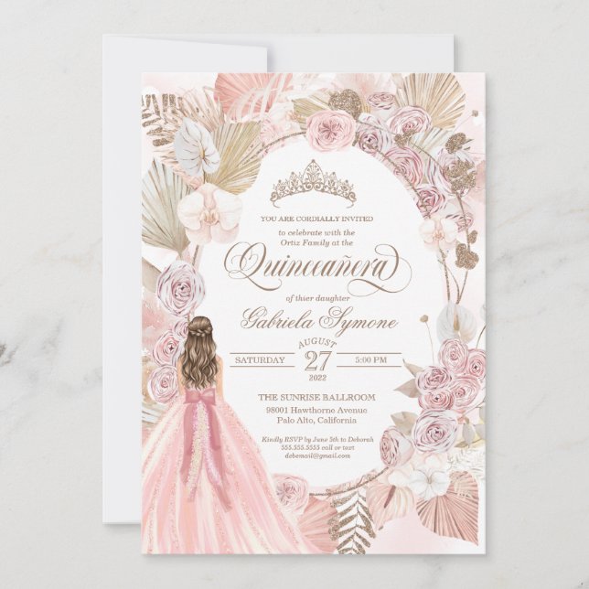 Boho Rosa Torkad Blommigt Ro Quinceanera Birthday Inbjudningar (Framsida)