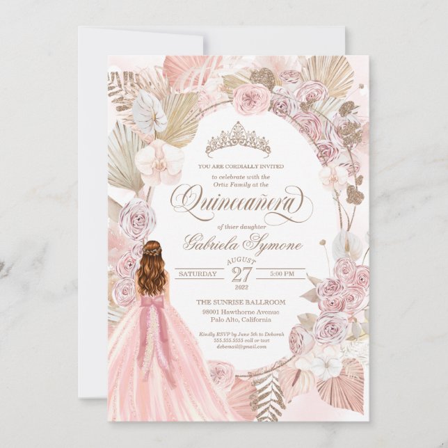 Boho Rosa Torkad Blommigt Ro Quinceanera Birthday Inbjudningar (Framsida)
