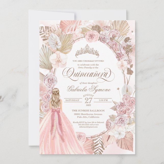 Boho Rosa Torkad Blommigt Ro Quinceanera Birthday  Inbjudningar (Framsida)
