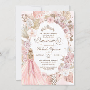 Boho Rosa Torkad Blommigt Ro Quinceanera Birthday Inbjudningar