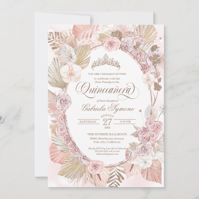 Boho  Rosa & Torkad Blommigt Ro Quinceanera Inbjudningar (Framsida)