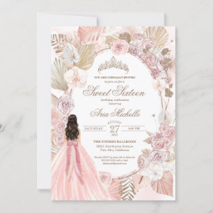 Boho Rosa Torkad Blommigt Ro Sweet 16 Birthday Inbjudningar