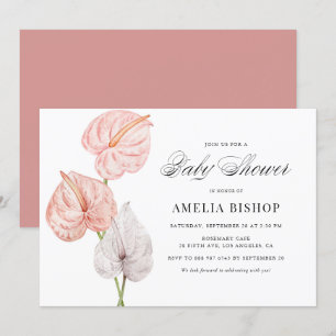 Boho Rosa Vattenfärg Anthuriums Bebis Shower Inbjudningar