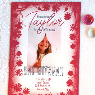 Boho Rosa Vild Flowers Ram, Bat mitzvah foto Inbjudningar