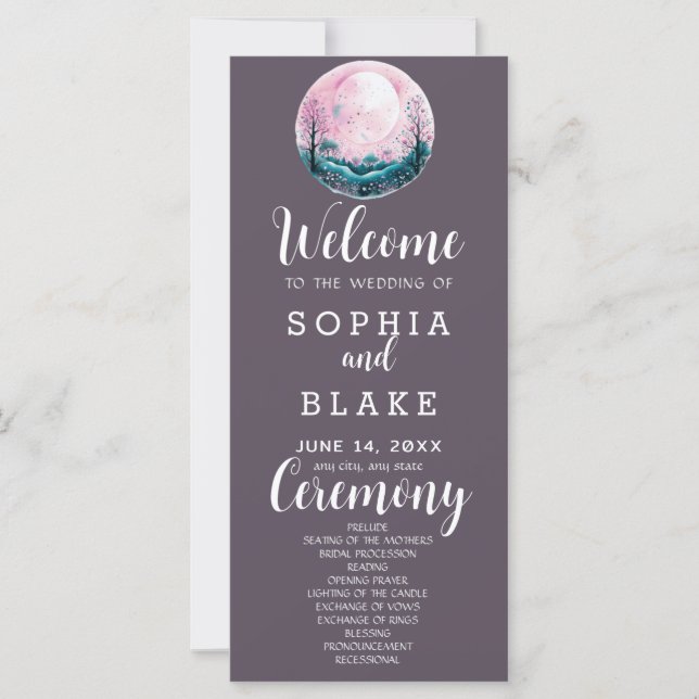Boho Rosa & Vit Fullmåne Grå Bröllopsprogram (Framsida)