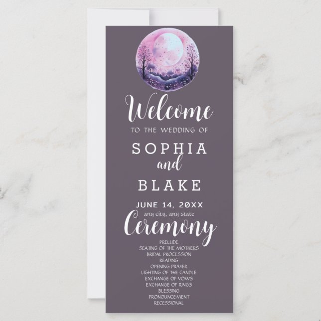 Boho Rosa & Vit Fullmåne Grå Bröllopsprogram (Framsida)