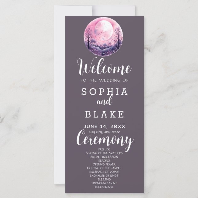 Boho Rosa & Vit Fullmåne Grå Bröllopsprogram (Framsida)