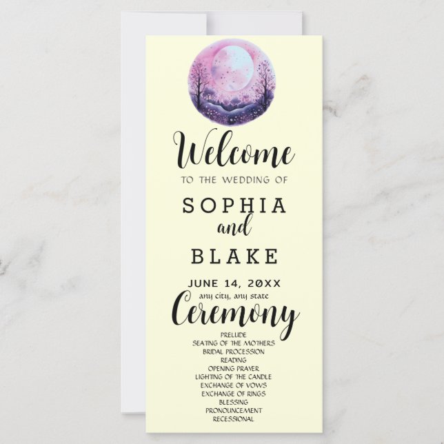 Boho Rosa & Vit Fullmåne Gul Bröllopsprogram (Framsida)