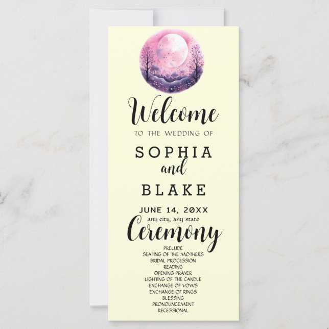 Boho Rosa & Vit Fullmåne Gul Bröllopsprogram (Framsida)