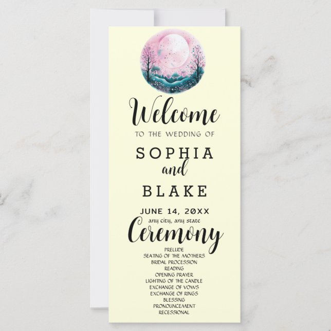 Boho Rosa & Vit Fullmåne Gul Bröllopsprogram (Framsida)