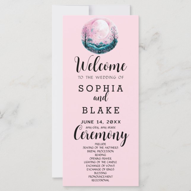 Boho Rosa & Vit Fullmåne Rosa Bröllopsprogram (Framsida)