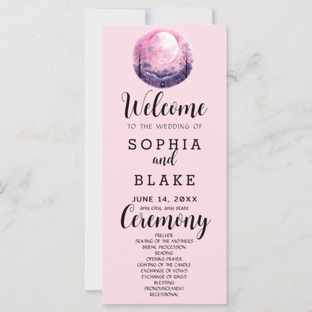 Boho Rosa & Vit Fullmåne Rosa Bröllopsprogram (Framsida)