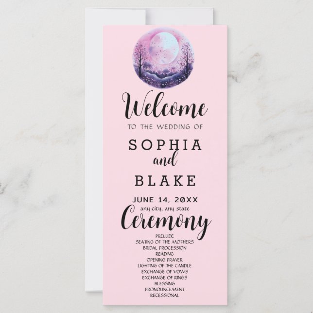 Boho Rosa & Vit Fullmåne Rosa Bröllopsprogram (Framsida)