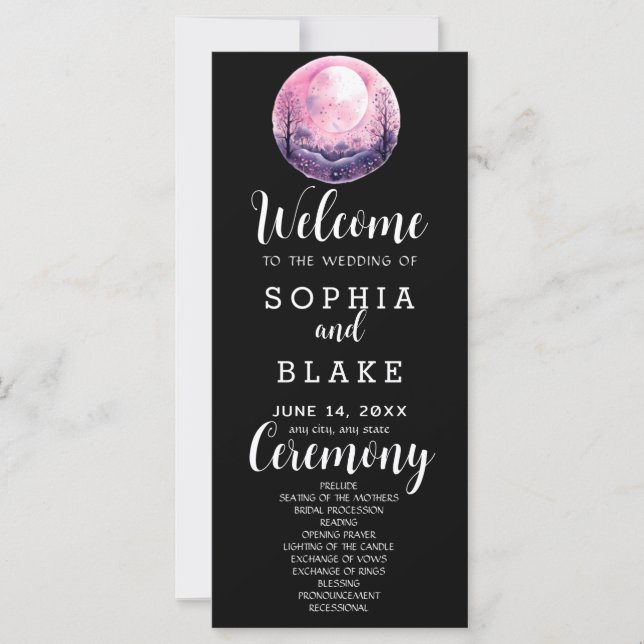 Boho Rosa & Vit Fullmåne Svart Bröllopsprogram (Framsida)