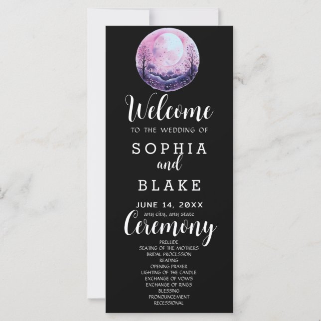 Boho Rosa & Vit Fullmåne Svart Bröllopsprogram (Framsida)
