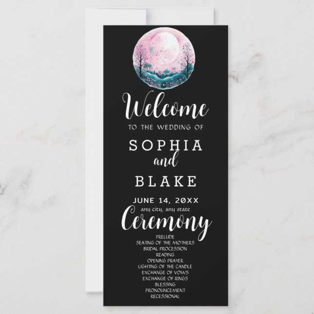 Boho Rosa & Vit Fullmåne Svart Bröllopsprogram (Framsida)
