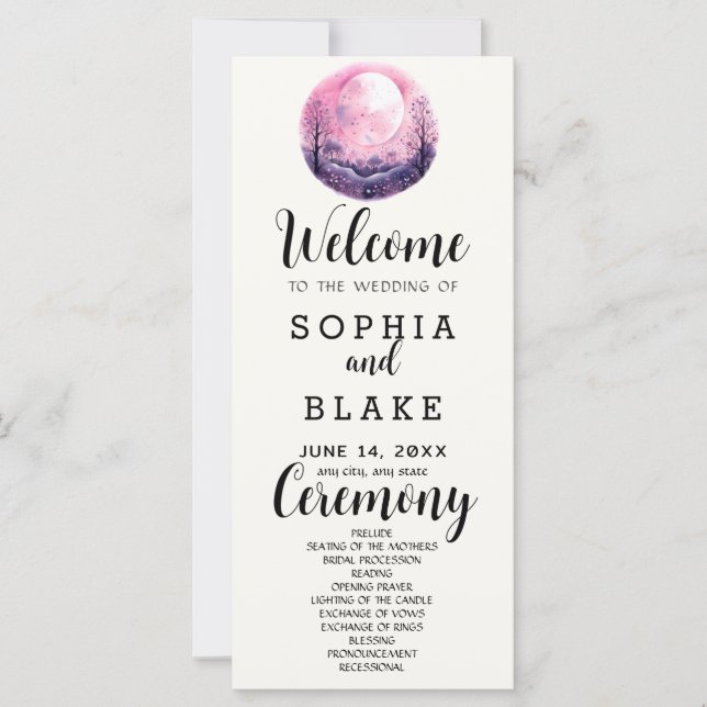 Boho Rosa & Vit Fullmåne Vit Bröllopsprogram (Framsida)