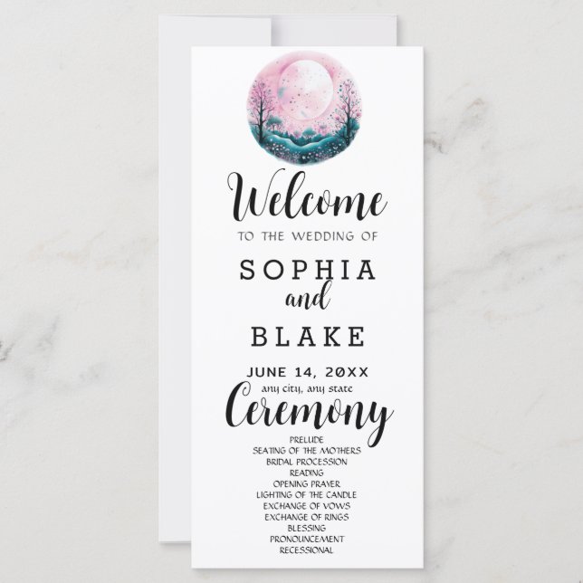 Boho Rosa & Vit Fullmåne Vit Bröllopsprogram (Framsida)