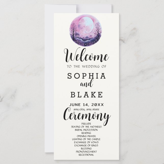 Boho Rosa & Vit Fullmåne Vit Bröllopsprogram (Framsida)