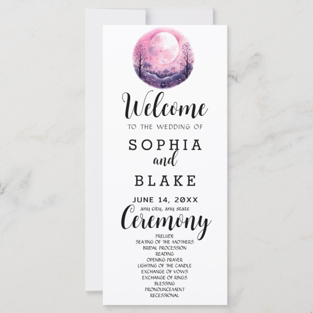 Boho Rosa & Vit Fullmåne Vit Bröllopsprogram (Framsida)