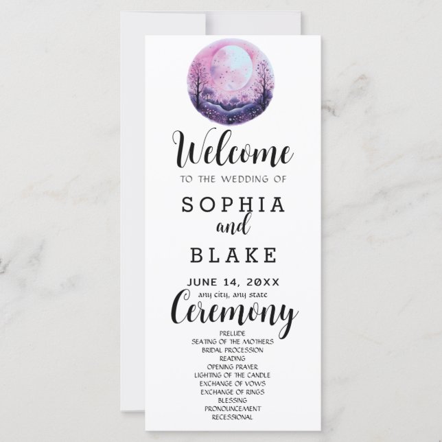 Boho Rosa & Vit Fullmåne Vit Bröllopsprogram (Framsida)