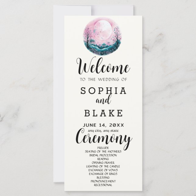 Boho Rosa & Vit Fullmåne Vit Bröllopsprogram (Framsida)