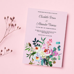 Boho rosa vit mint grön peony blomsterbröllop inbjudningar
